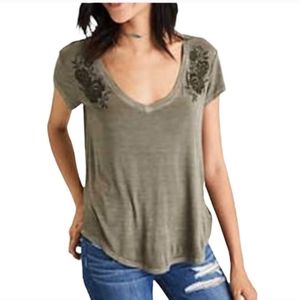 American Eagle Green Floral Embroidered V Neck